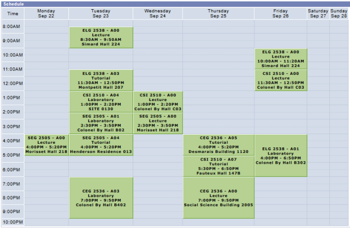 Weekly schedule screenshot from the uOttawa student portal